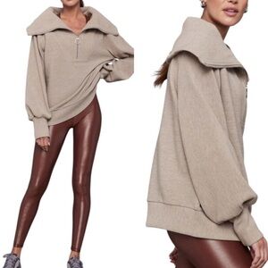 Varley Vine XS Half Zip Sweatshirt Beige Ribbed Pullover Athleisure Funnel Neck